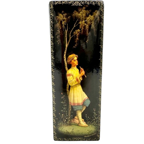 Vintage Russian Trinket Box Black Hand Painted Signed Boy Playing Flute EUC - Picture 1 of 9